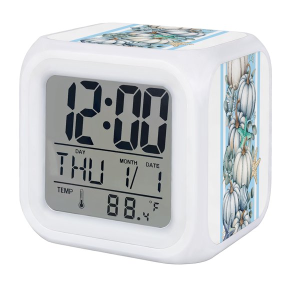 Blue Pumpkin Fall Digital Alarm Clock for Bedrooms, Smart LED Alarm Clock with 7 Color Changing Night Light, Striped Thanksgiving Botanical Coastal Silent Wake Up Clocks for Sleep Study Cooking