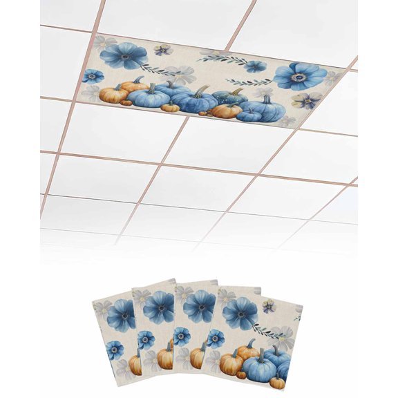 Blue Pumpkin Fall Fluorescent Light Covers for Ceiling Lights 4x2 feet,4 Pack Magnetic Light Filters for Classroom,Thanksgiving Floral Botanical Beige Fluorescent Light Shade Panel for Office School