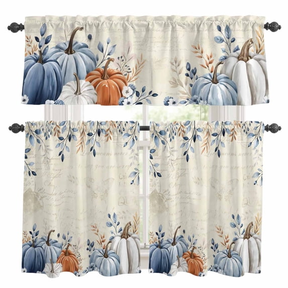 Blue Pumpkin Fall Kitchen Curtains Sets for Windows 24 Inch Length, Thanksgiving Eucalyptus Leaves Beige Rod Pocket Window Treatments Tier Curtains and Valances Set for Bedroom/Bathroom