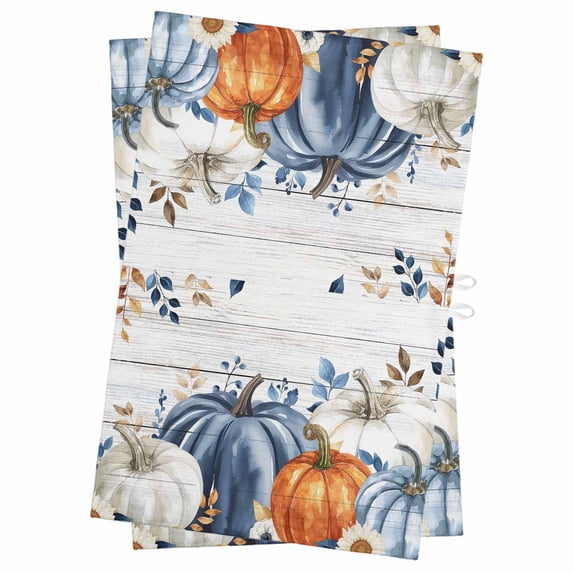 Blue Pumpkin Fall Kitchen Towels Set of 2, Water Absorbent Dish Towel, Thanksgiving Eucalyptus Leaves Gray Wooden Decorative Hand Towels - Quick Drying Cloth for Cooking Baking, 18x28 Inch