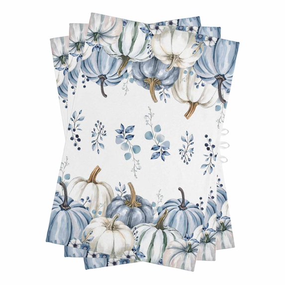 Blue Pumpkin Fall Kitchen Towels Set of 3, Water Absorbent Dish Towel, Thanksgiving Eucalyptus Leaves Weeping Decorative Hand Towels - Quick Drying Cloth for Cooking Baking, 18x28 Inch