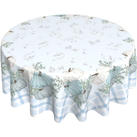 Blue Pumpkin Fall Leaf Round Tablecloth Plaid Thanksgiving Autumn Decorative Table Cloth 60 Inch Polyester Fabric Farmhouse Harvest Table Cover for Home Kitchen Outdoor Party