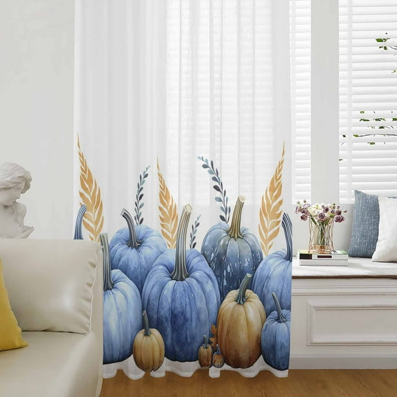 Blue Pumpkin Fall Semi Sheer Curtains Drapes for Living Room, Bedroom, French Doors Window 84 Inches Long, Thanksgiving Botanical Autumn Rod Pocket Chiffon Curtain Drapery Voile Draperies Panel