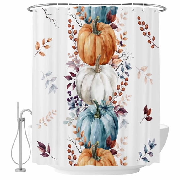 Blue Pumpkin Fall Shower Curtain, Waterproof Shower Curtains for Bathroom, Thanksgiving Autumn Orange White Eucalyptus Washable Fabric Bathtub Curtain Set Bath Decor with 12 Hooks Extra Long 72"x96"