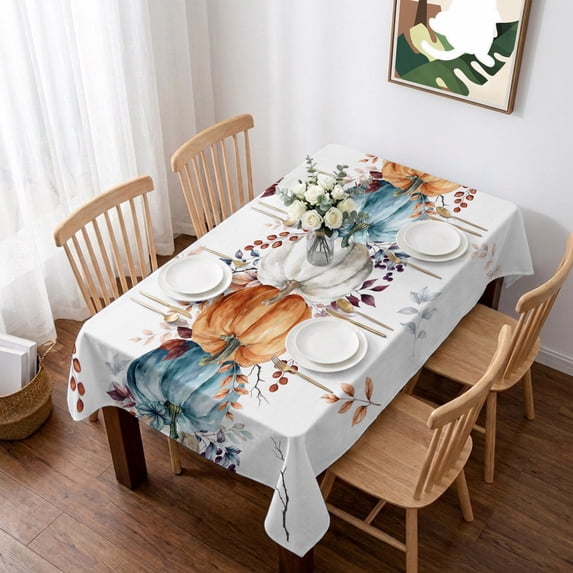 Blue Pumpkin Fall Table Cloth Waterproof Tablecloths, Thanksgiving Autumn Orange White Eucalyptus Tablecloth Dining Table Cover for Kitchen Party Tabletop Outdoor, Rectangle Tablecloth 52x70 Inch