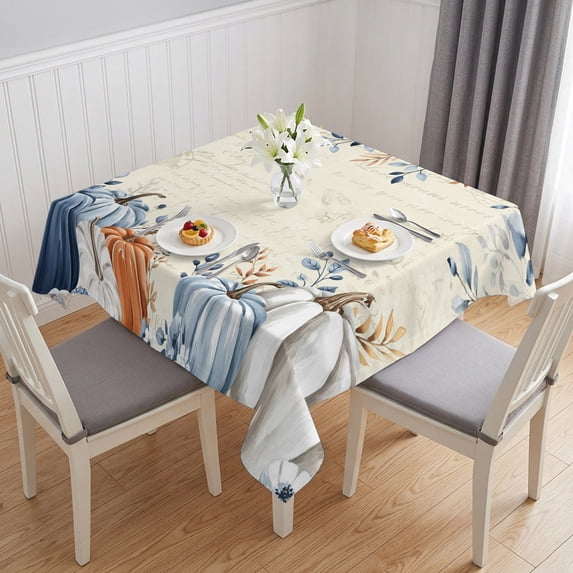 Blue Pumpkin Fall Table Cloth Waterproof Tablecloths, Thanksgiving Eucalyptus Leaves Beige Tablecloth Dining Table Cover for Kitchen Party Tabletop Outdoor, Square Tablecloth 60x60 Inch