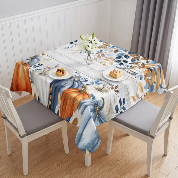 Blue Pumpkin Fall Table Cloth Waterproof Tablecloths, Thanksgiving Eucalyptus Leaves Gray Wooden Tablecloth Dining Table Cover for Kitchen Party Tabletop Outdoor, Square Tablecloth 54x54 Inch
