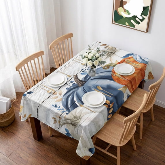 Blue Pumpkin Fall Table Cloth Waterproof Tablecloths, Thanksgiving Eucalyptus Leaves Gray Wooden Tablecloth Dining Table Cover for Kitchen Party Tabletop Outdoor, Rectangle Tablecloth 52x70 Inch