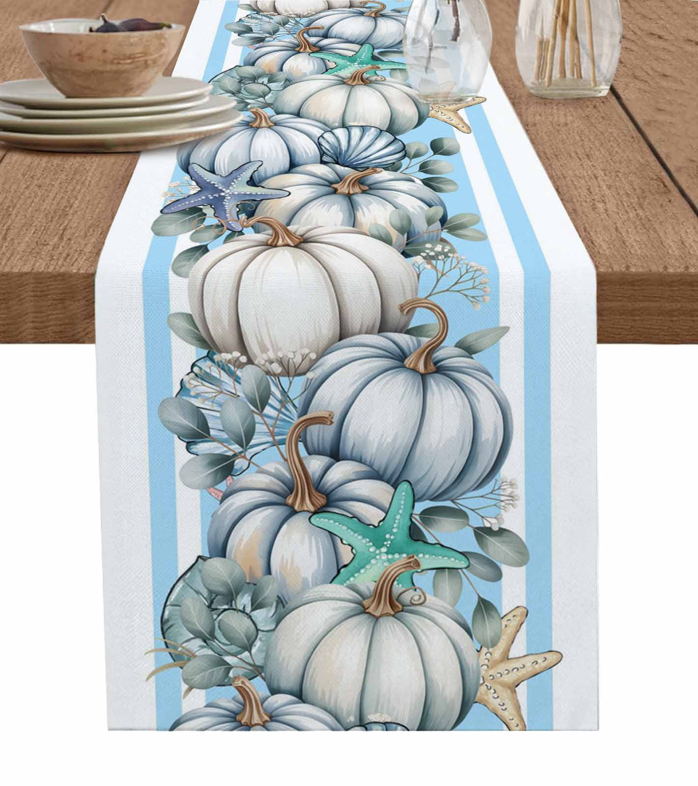 Blue Pumpkin Fall Table Runner 90 Inches, Striped Thanksgiving ...
