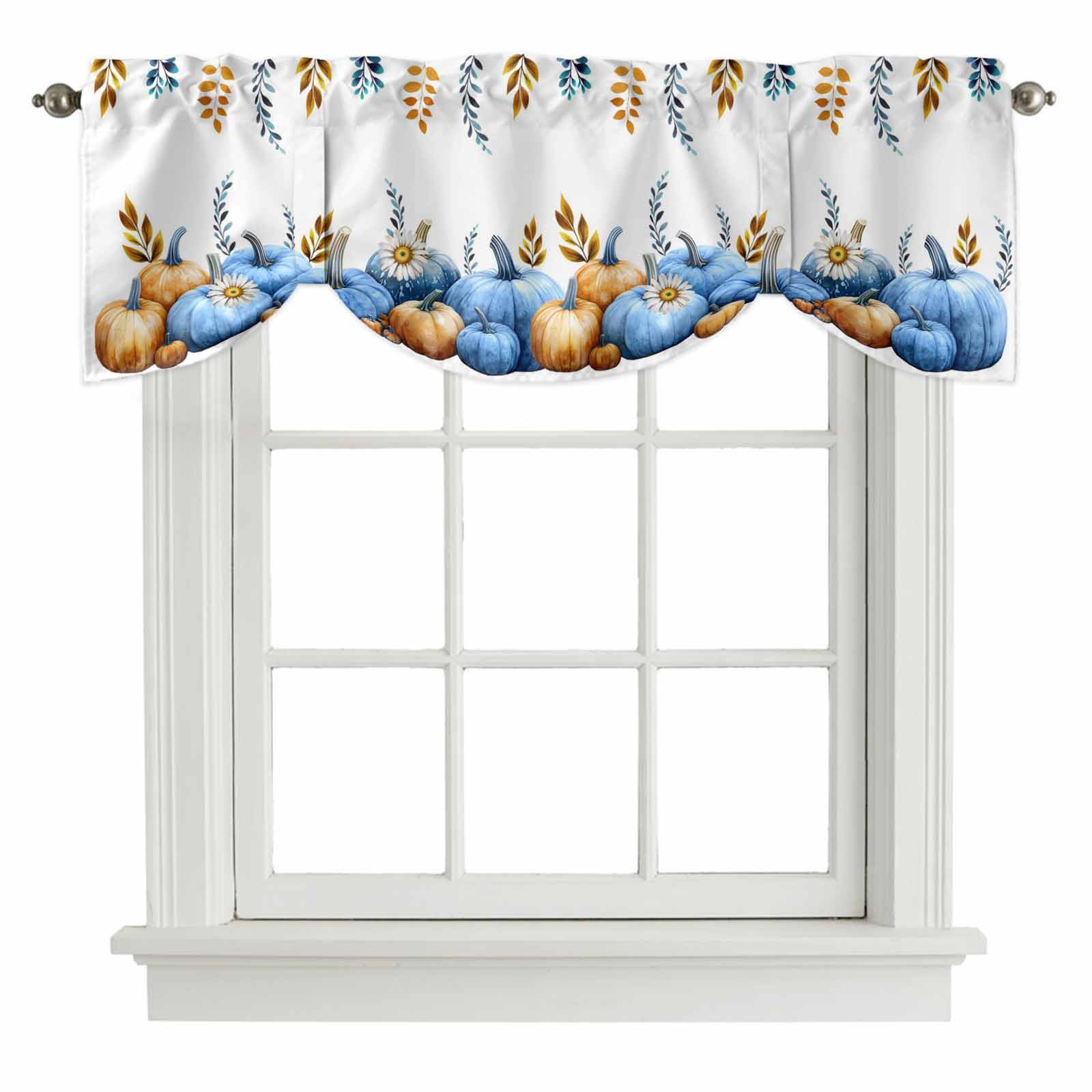 Fall Color Valances Blue Pumpkin Fall Tie Up Valance Curtains for Windows, Kitchen Curtains ...