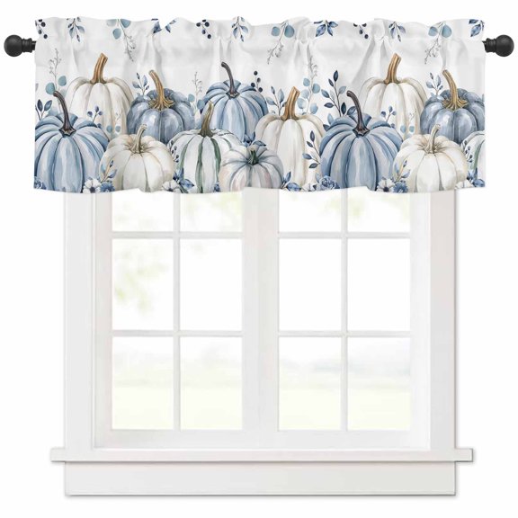 Blue Pumpkin Fall Valances for Windows Farmhouse Kitchen Curtains Valances Rod Pocket Valance Curtains for Kitchen Windows Thanksgiving Eucalyptus Leaves Weeping Window Valances for Bathroom 42"x12"