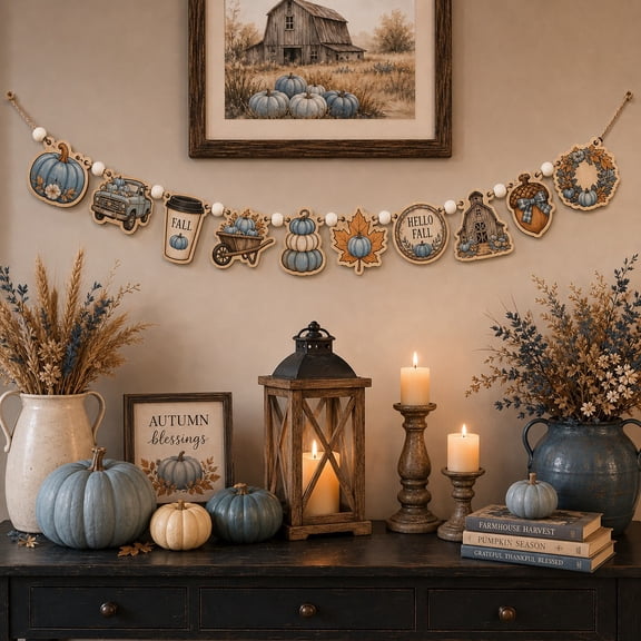 Blue Pumpkin Fall Wooden Garland for Farmhouse Mantel Decor