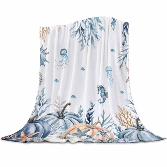 Blue Pumpkin Flannel Blanket for Bed,Travel and Camping, Starfish Seahorse Coral Coastal Fall Thanksgiving Super Soft Cozy Blanket for All Seasons 32"x48"