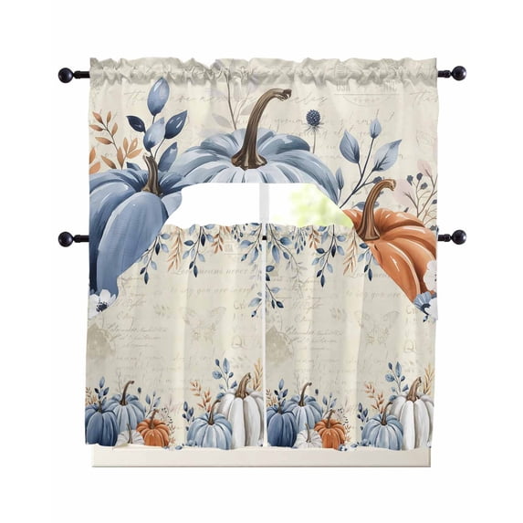 Blue Pumpkin Kitchen Curtains Sets 24 Inch Length with Valance, Thanksgiving Fall Eucalyptus Leaves Beige Swag Valances and Tiers Curtain Set Drapes Swag Curtains for Living Room, Bathroom, Bedroom