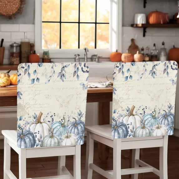 Blue Pumpkin Leaf Chair Covers Set of 8 Fall Thanksgiving Chair Back Covers Stretch Removable Washable Slipcovers Protector for Dining Room Kitchen Party Decor