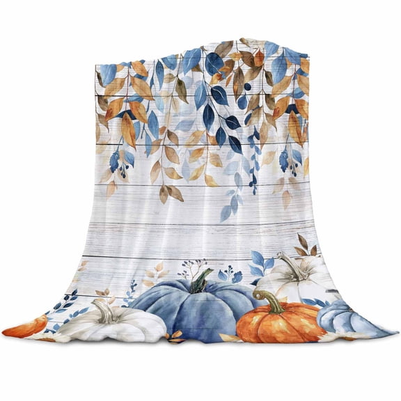 Blue Pumpkin Leaves Flannel Blanket for Bed,Travel and Camping, Fall Watercolor Eucalyptus Leaf Super Soft Cozy Blanket for All Seasons 40"x50"