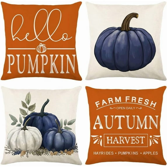 Blue Pumpkin Pillow Covers 16x16 Inch Set of 4 Hello Pumpkin Indoor Outdoor Decorative Throw Pillow Cover Farmhouse Autumn Pillow Case Thanksgiving Harvest Bedroom Sofa Cushion Couch Decor