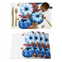 Blue Pumpkin Placemats Set of 2 Fall Thanksgiving Watercolor Maple Leaf Heat Insulation Washable Place Mats, Rustic Non-Slip Table Mats for Dining Table Party Kitchen Decor,13x19 Inch
