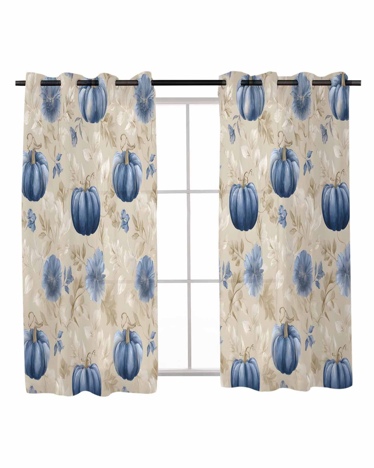 Blue Pumpkin Sheer Curtains 54 Inch Length 2 Panels Thanksgiving Fall