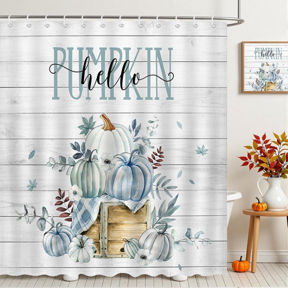 Blue Pumpkin Shower Curtain Hello Pumpkin Patch Harvest Fall Autumn Bathroom Shower Curtain Thanksgiving Farmhouse Bathtub Decor 72 X 72 Inches