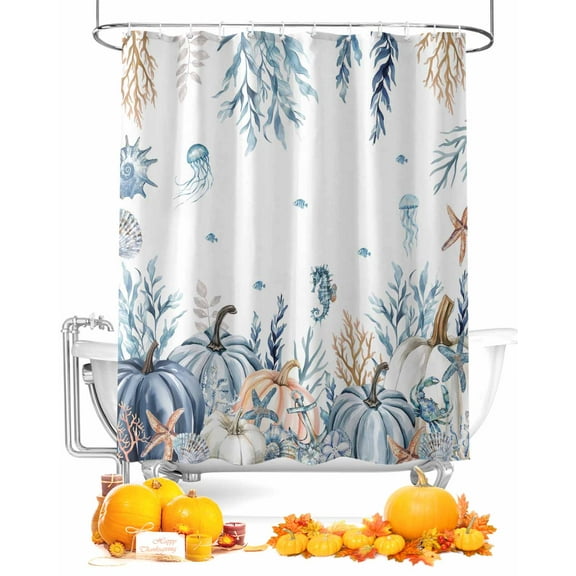 Blue Pumpkin Shower Curtain Set ，Waterproof Fabric Shower Curtains Starfish Seahorse Coral Coastal Fall Thanksgiving Shower Curtains for Bathroom,Bathroom Decor 36"x72"