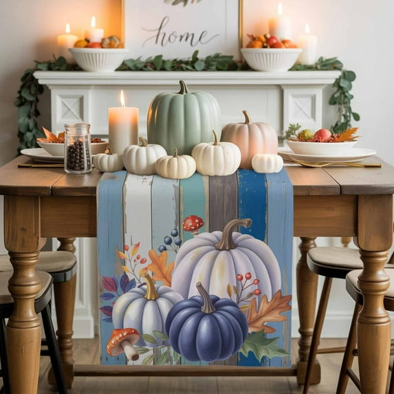 Blue Pumpkin Table Runner, Autumn Thanksgiving Kitchen Dining Table Decoration for Home Party Decor 13x48 Inches