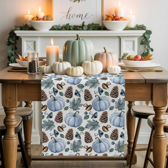 Blue Pumpkin Table Runner, Autumn Thanksgiving Kitchen Dining Table Decoration for Home Party Decor 13x60 Inches