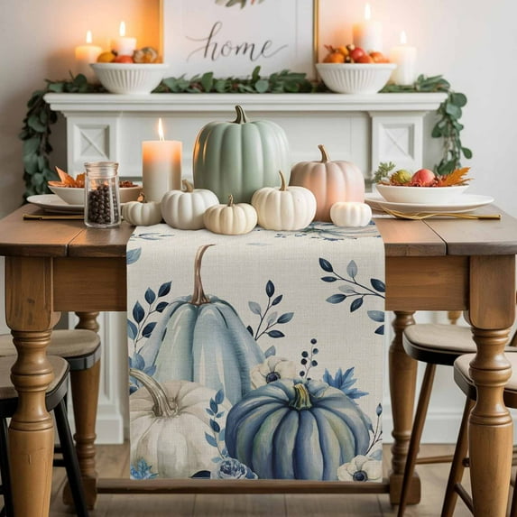 Blue Pumpkin Table Runner, Autumn Thanksgiving Kitchen Dining Table Decoration for Home Party Decor 13x72 Inches