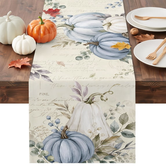 Blue Pumpkin Thanksgiving Table Runner - 60 Inch Long Fall Autumn Maple Leaf Vintage Cotton and Linen Blended Dress Scarves Farmhouse Table Runner for Kitchen Dining, Coffee Table, 13" x 60"