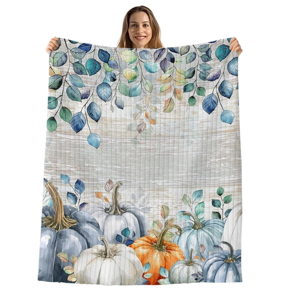Blue Pumpkin Throw Blanket, Flannel Fleece Blanket with Striped Design for Couch, Orange White Thanksgiving Autumn Eucalyptus Soft Breathable All Season Plush Blankets for Sofa Office Travel 40"x50"