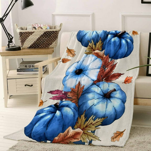 Blue Pumpkin Throw Flannel Blanket 40x50In Fall Thanksgiving Maple Leaf Watercolor Retro Super Soft Cozy Bed Blanket, Lightweight Plush Fuzzy Bed Throw for Bedroom Sofa Couch Living Room