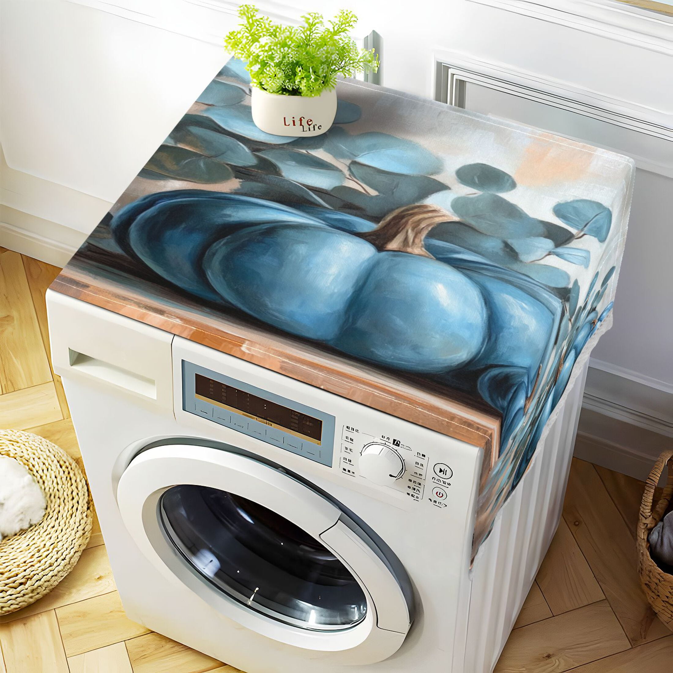Blue PumpkinWasher and Dryer Covers Dust-Proof and Oil Resistant Fridge Cover with 4 Storage Pockets Washing Machine Top Cover for Laundry Kitchen Home 51.2 x 22 In