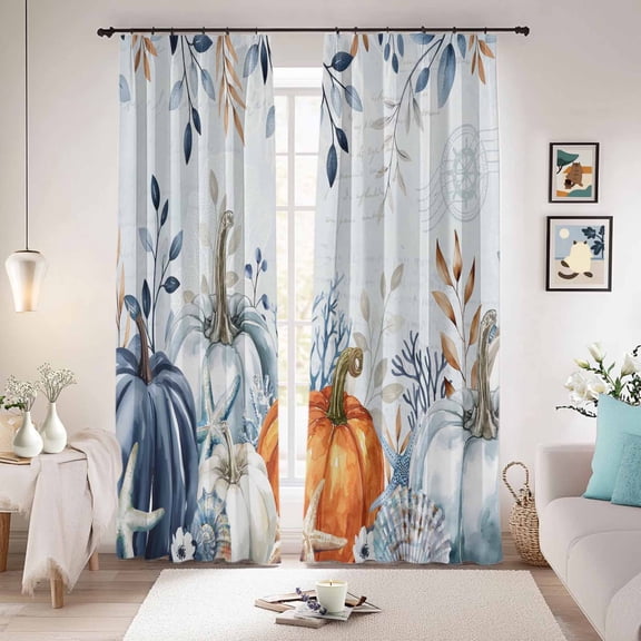 Blue Pumpkins Fall Blackout Curtains for Bedroom/Living Room, Pinch Pleated Black Out Curtains, Thanksgiving Coastal Eucalyptus Leaves Room Darkening Window Drapes with Hooks 2 Panels, 39"x70"