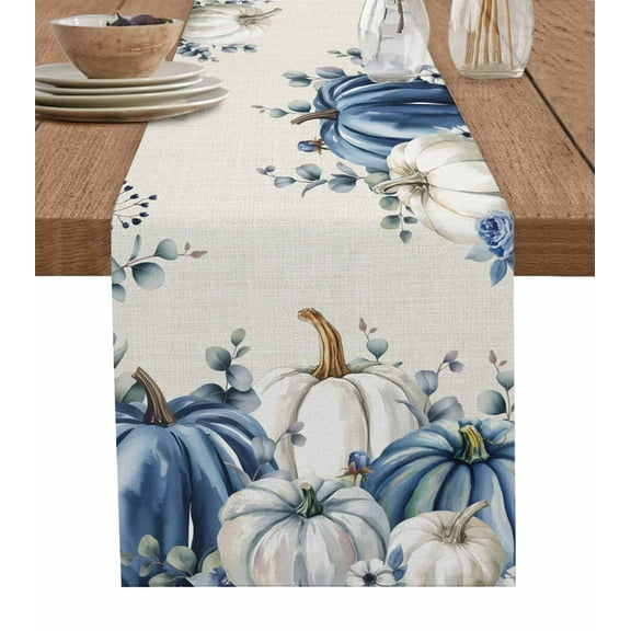 Blue Pumpkins Fall Burlap Cotton Table Runner 13x60 Inches Long, Thanksgiving Eucalyptus Leaf Rustic Farmhouse Table Runners, Outdoor Dining Tablecloths Decor for Baby Shower/Party/Wedding