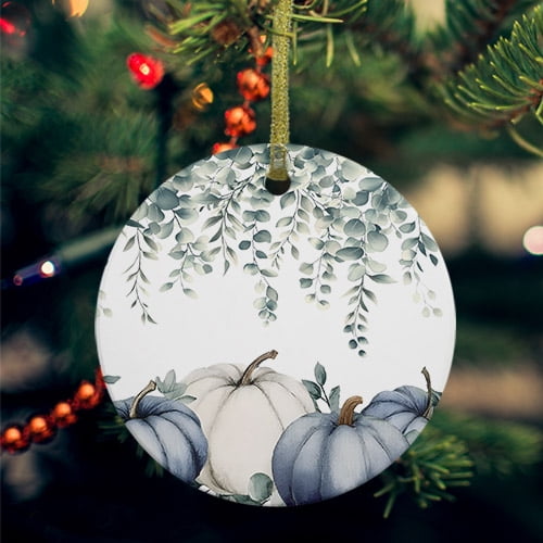 Blue Pumpkins Fall Ceramic Ornaments, Thanksgiving Eucalyptus Leaves Round Porcelain Hanging Ornaments with Gold String, Xmas Decorations Keepsake Gifts for Holiday Home Party 3''