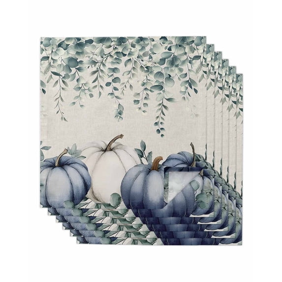 Blue Pumpkins Fall Cloth Napkins Set of 6 Reusable Dinner Napkins, Rustic Thanksgiving Eucalyptus Leaves Cocktail Napkin Washable Table Napkins for Wedding/Holiday Party/Baby Shower 20"x20"