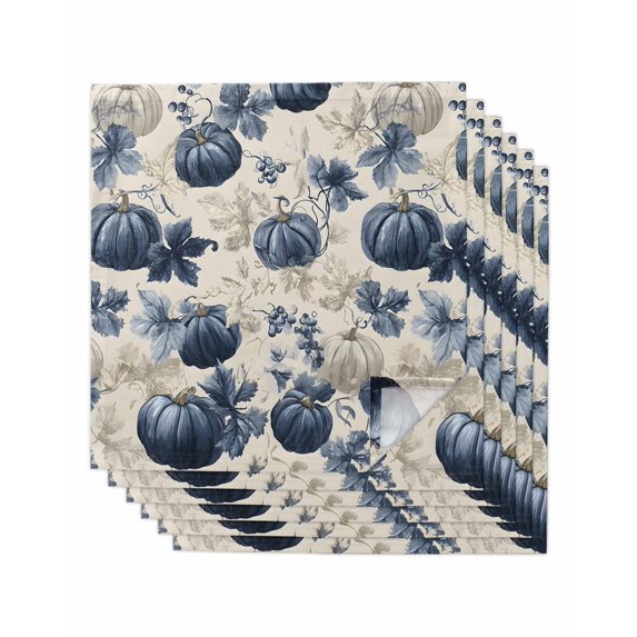Blue Pumpkins Fall Cloth Napkins Set of 6 Reusable Dinner Napkins, Vintage Botanical Thanksgiving Cocktail Napkin Washable Table Napkins for Wedding/Holiday Party/Baby Shower 20"x20"