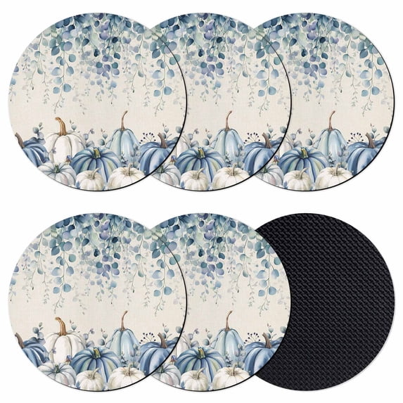 Blue Pumpkins Fall Coasters Set of 6, Absorbent Coasters for Drinks, Thanksgiving Eucalyptus Leaf Rustic Coaster for Desk Coffee Table Protection, Home Decor House Warming Gifts 4"