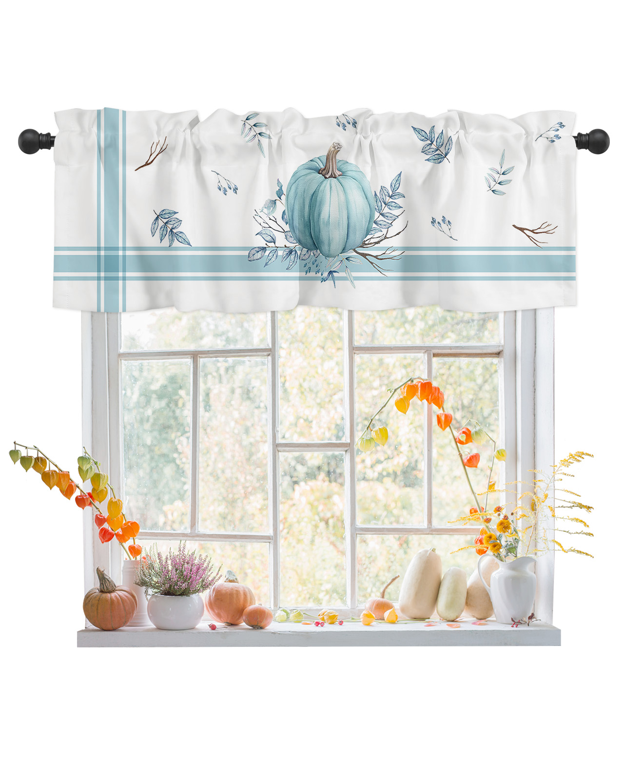 Blue Pumpkins Fall Curtain Valances for Windows Treatment Tier Curtains