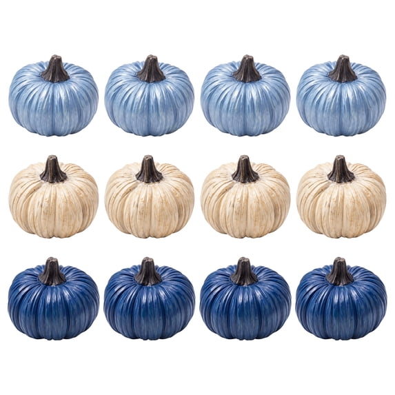 Blue Pumpkins Fall Decor with Textured Ridges, 12 Resin Pumpkins for Halloween Mantel Decor and Thanksgiving Centerpieces, Farmhouse Fall Decor for Shelf and Table