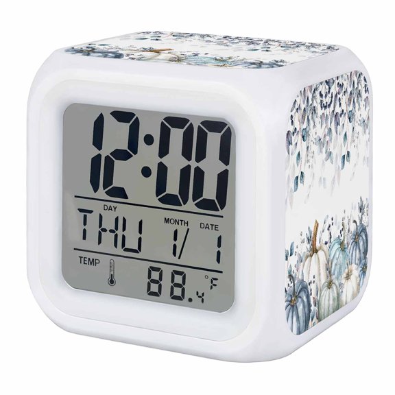 Blue Pumpkins Fall Digital Alarm Clock for Bedrooms, Smart LED Alarm Clock with 7 Color Changing Night Light, Rustic Thanksgiving Watercolor Silent Wake Up Clocks for Sleep Study Cooking 3.2"x3.2"
