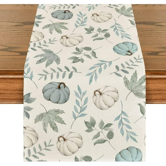 Blue Pumpkins Fall Eucalyptus Leaves Fall Table Runner, Seasonal Autumn Kitchen Dining Table Decoration for Home Party Decor 13x48 Inch