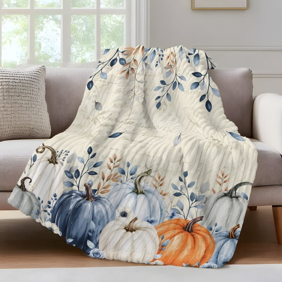 Blue Pumpkins Fall Fleece Throw Blanket for Couch, Thanksgiving Eucalyptus Leaves Vintage Microfiber Flannel Blanket for All Season, Lightweight Soft Throw Blankets for Girls, Kids, Teens, 40"x60"