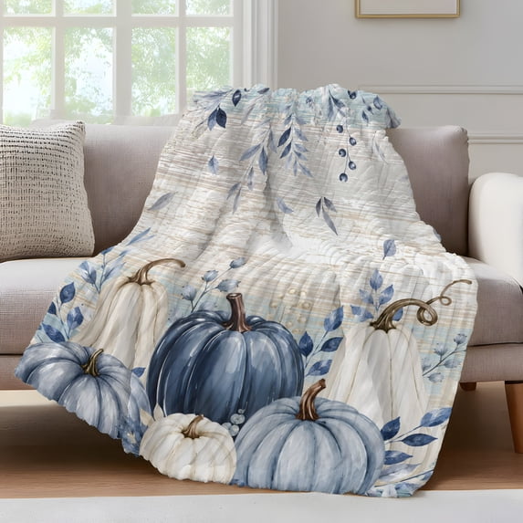 Blue Pumpkins Fall Fleece Throw Blanket for Couch, Vintage Thanksgiving Autumn Leaf Botanical Microfiber Flannel Blanket, Lightweight Fuzzy Plush Throw Blankets for Gifts, Office, 40"x50"
