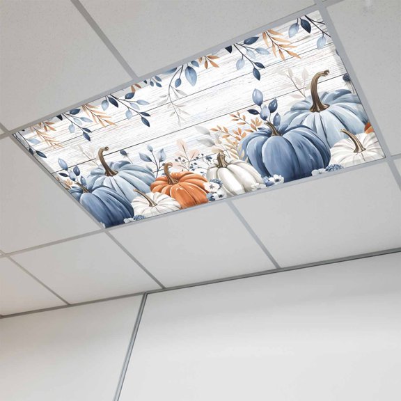 Blue Pumpkins Fall Fluorescent Light Covers, Thanksgiving Eucalyptus Leaves Wooden Magnetic Light Covers for Ceiling Lights, Fluorescent Ceiling Shade for Classroom Bedroom Office 4x2Ft x 1PCS