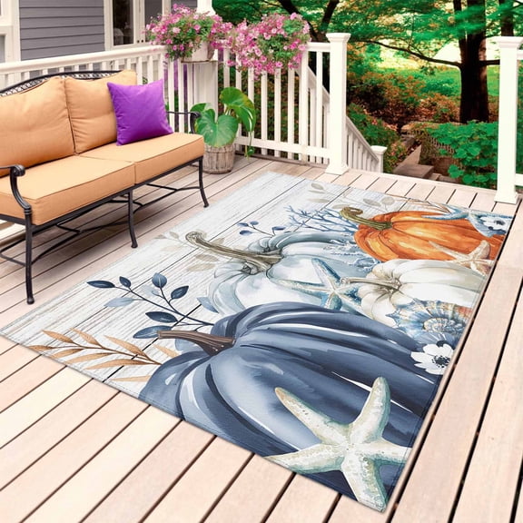 Blue Pumpkins Fall Outdoor Rug for Patio/Deck/Porch, Non-Slip Large Area Rug 4 x 6 Ft, Thanksgiving Coastal Summer Botanical Wooden Indoor Outdoor Rugs Washable Area Rugs, Camping Rug Carpet Runner