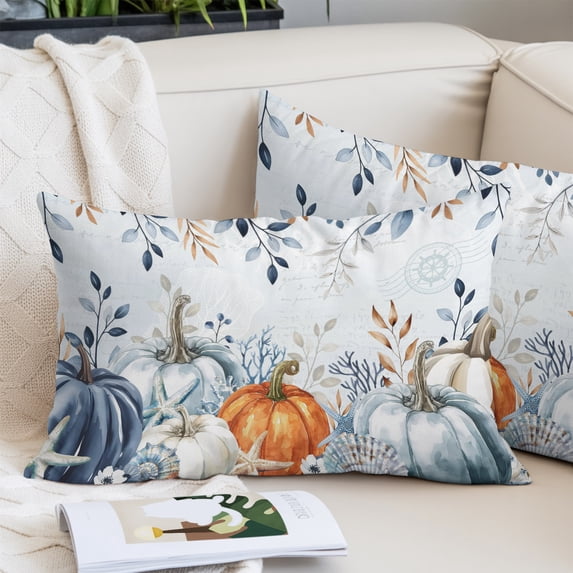 Blue Pumpkins Fall Pillow Covers 16"x24", Thanksgiving Coastal Eucalyptus Leaves Soft Brushed Microfiber Breathable Throw Pillow Covers, Decorative Pillowcase with Zipper for Couch Sofa Bedroom