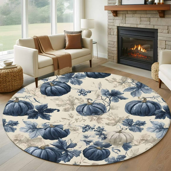 Blue Pumpkins Fall Round Area Rug 5 FT, Non Slip Bedroom Area Rug, Vintage Botanical Thanksgiving Washable Soft Circular Carpet Non-Shedding Floor Mat for Kitchen Dining Room Foyer Balcony Dorm