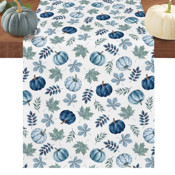 Blue Pumpkins Fall Short Table Runner 48 Inches Long, Thanksgiving Botanical Leaves Autumn Cotton Linen Table Runners Dresser Scarves, Fabric Tabletop Scarf Furniture Cover for Dinner Party 13"x48"