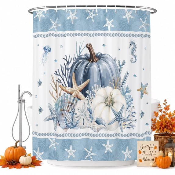 Blue Pumpkins Fall Shower Curtain Set - 72" x 78" Washable Bathtub Curtain with 12 Hooks, Thanksgiving Coastal Starfish Conch Nautical Waterproof Fabric Stall Shower Curtains for Bathroom Décor